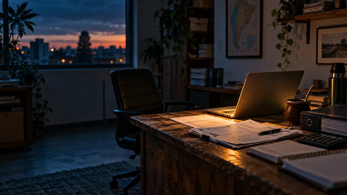 Escritorio de una pyme al atardecer con una laptop encendida, facturas y un mate