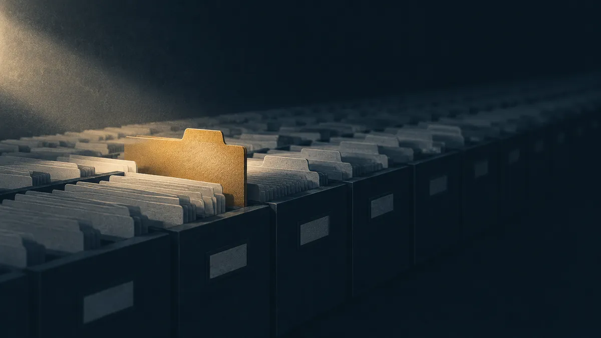 Archivo de fichas con una sola ficha iluminada, metáfora del índice selectivo de Google