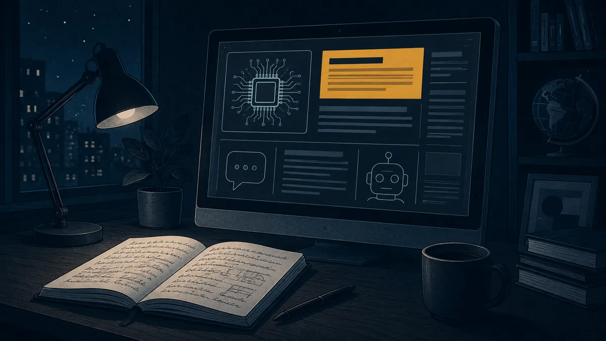 Escritorio de trabajo con notas y una pantalla mostrando titulares de inteligencia artificial, estilo editorial