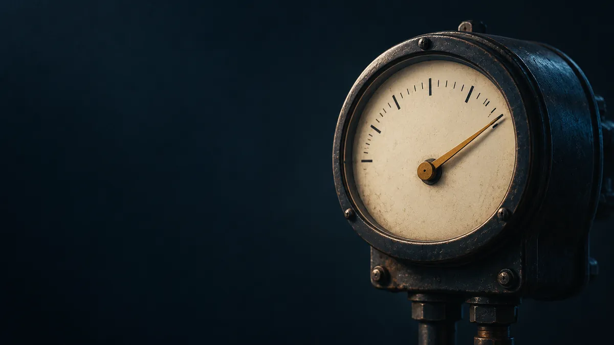 Un medidor analógico con la aguja cerca del final del dial, sobre fondo azul noche