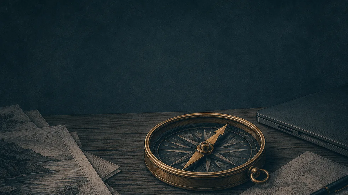 Ilustración editorial de una brújula sobre un escritorio de trabajo, con líneas finas y textura de grano, en tonos azul noche y ocre